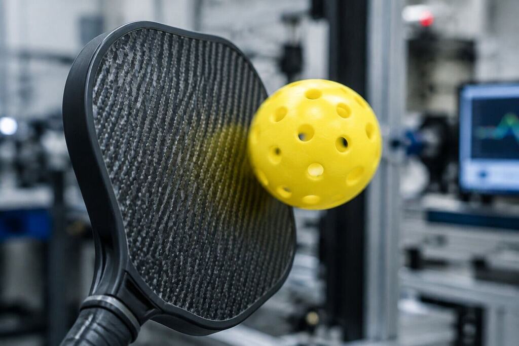A carbon-faced pickleball paddle being tested in a laboratory, ball rebounding off the face