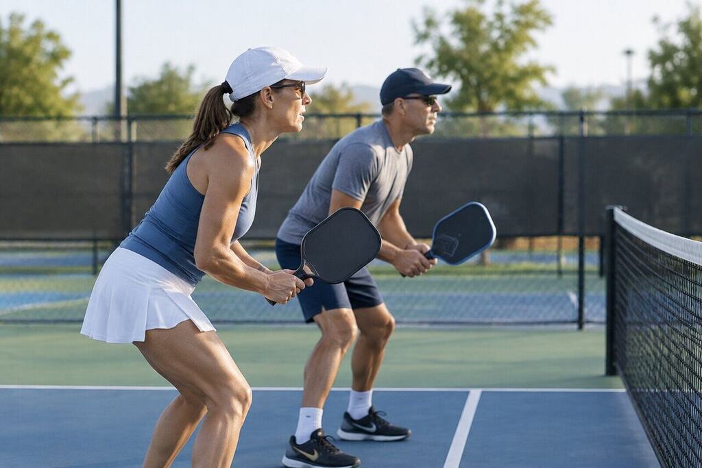 Two doubles partners at the kitchen line on a pickleball court, paddles up in ready position, viewed from the side