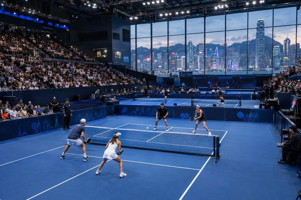Professional pickleball match in a large modern indoor arena in Hong Kong, multiple courts, big crowd, city skyline visible