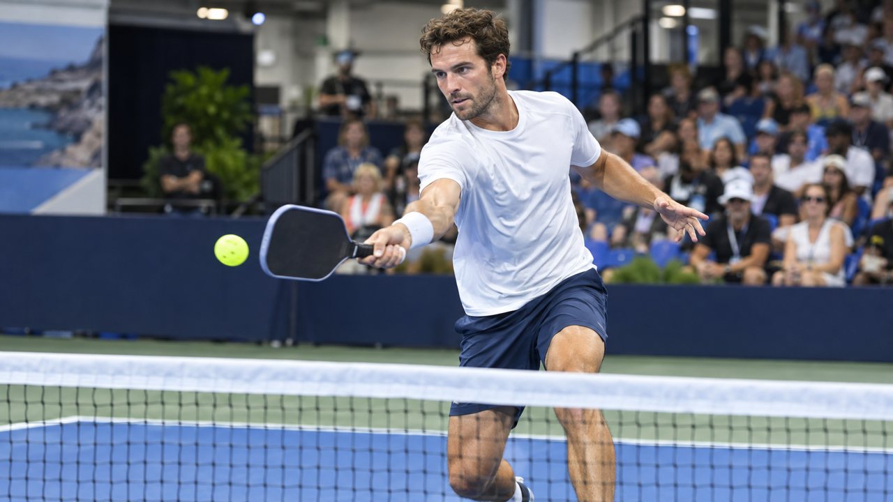 A professional male pickleball player hitting a forehand drive during a rally on an indoor court with a crowd in the background
