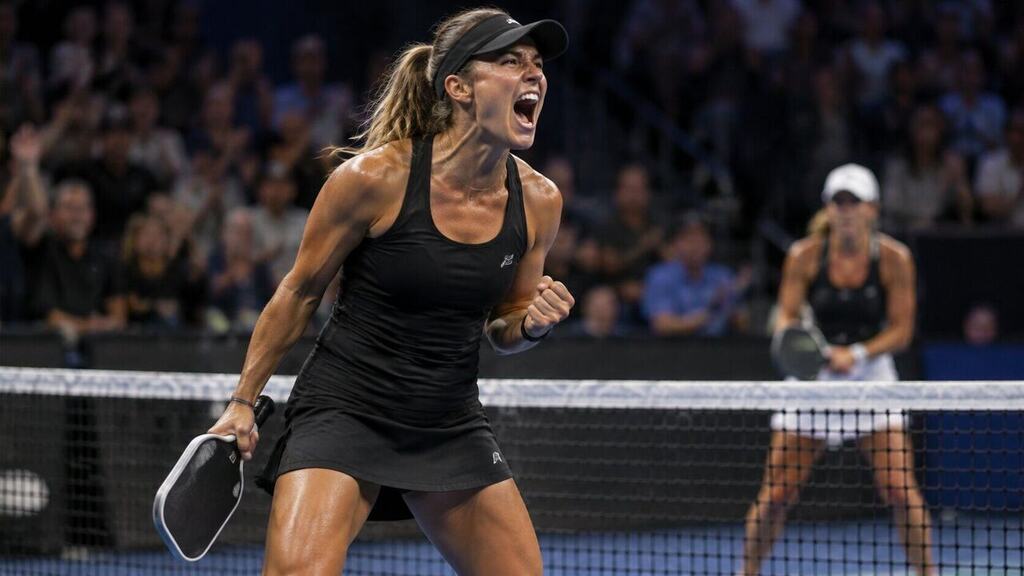 Pro pickleball player roaring in celebration after winning a rally at the kitchen line