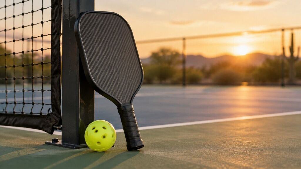 Selkirk Boomstik pickleball paddle leaning against a net post on an outdoor court