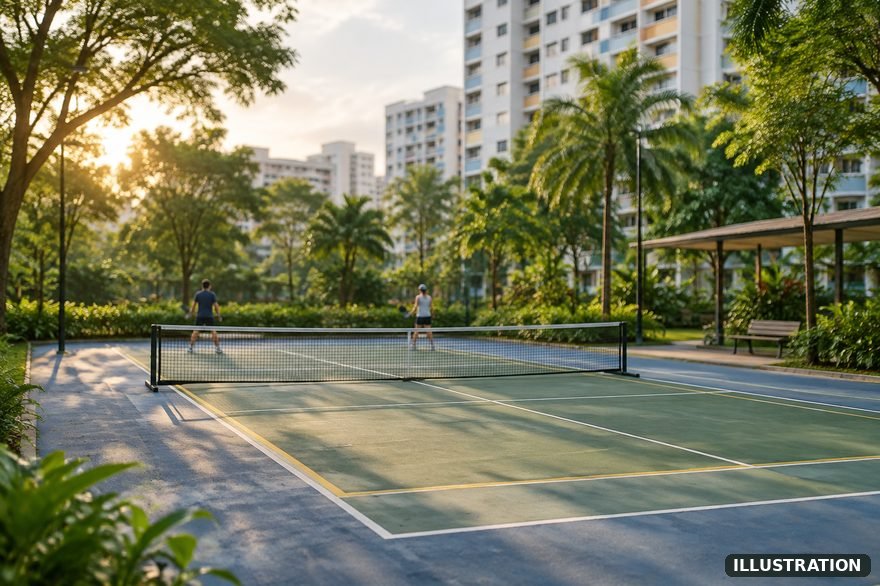 Illustration of a multi-purpose court beside generic public housing blocks with two distant players