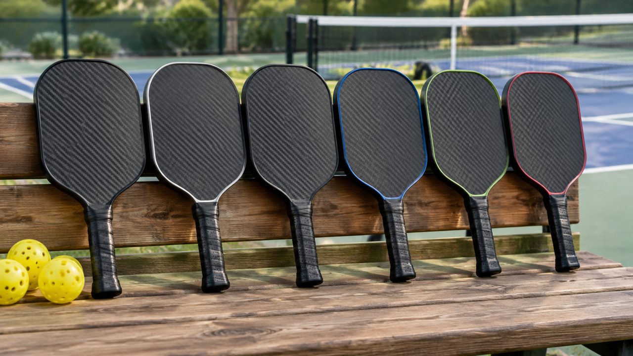 A row of six pickleball paddles with carbon fiber faces on a bench beside a court