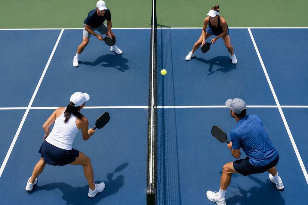 Doubles pickleball point viewed from above the net, ball traveling down the center seam between two opponents