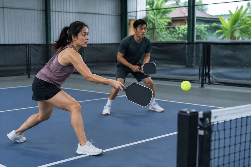 Illustrative image of two pickleball players mid-rally on an indoor court