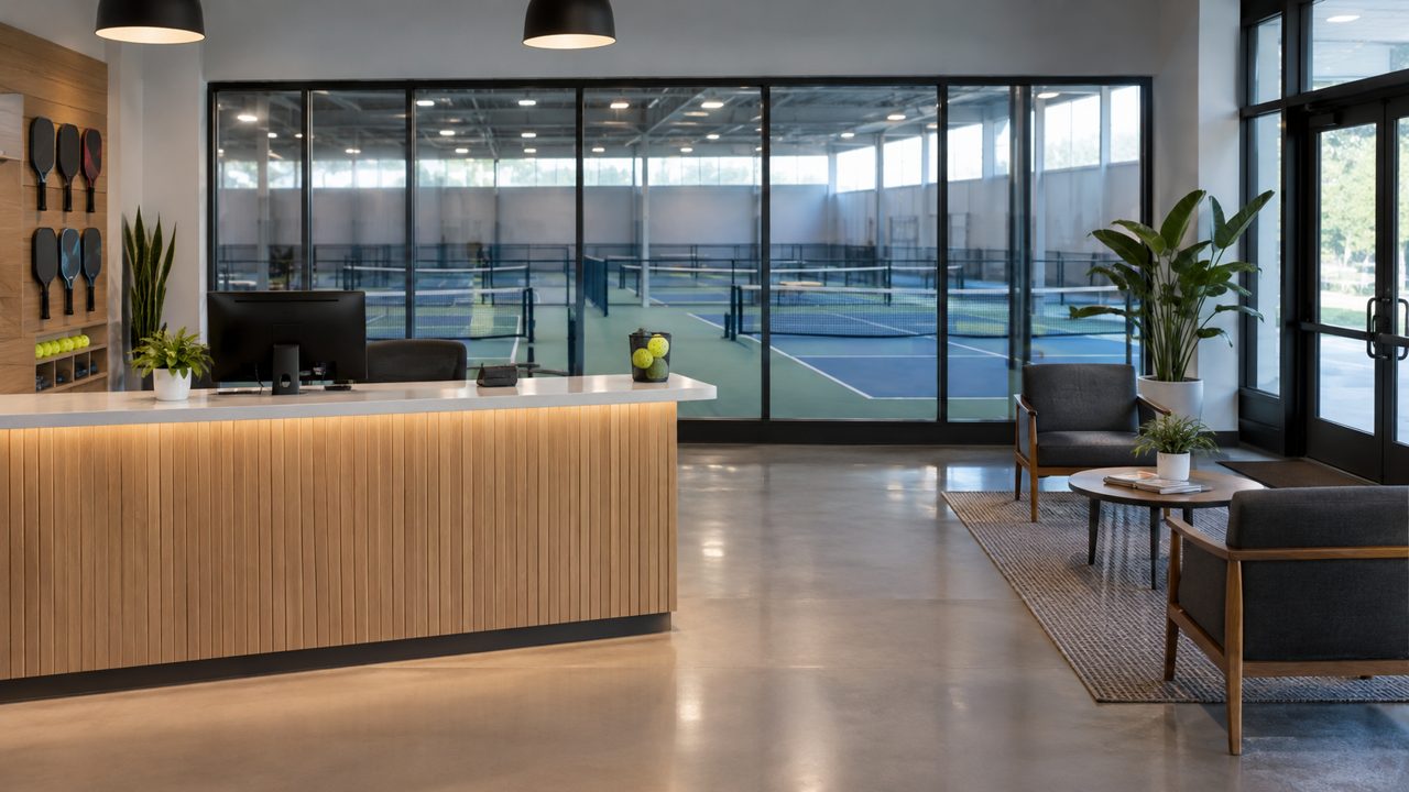 The quiet reception area of an indoor pickleball club with courts visible behind glass