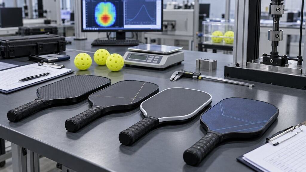 Pickleball paddles laid out for certification testing in a lab