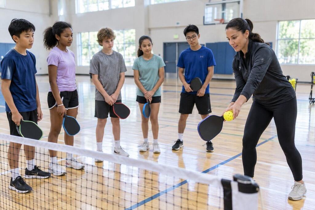Kids at a Boys and Girls Club gym learning pickleball with starter paddles and portable nets