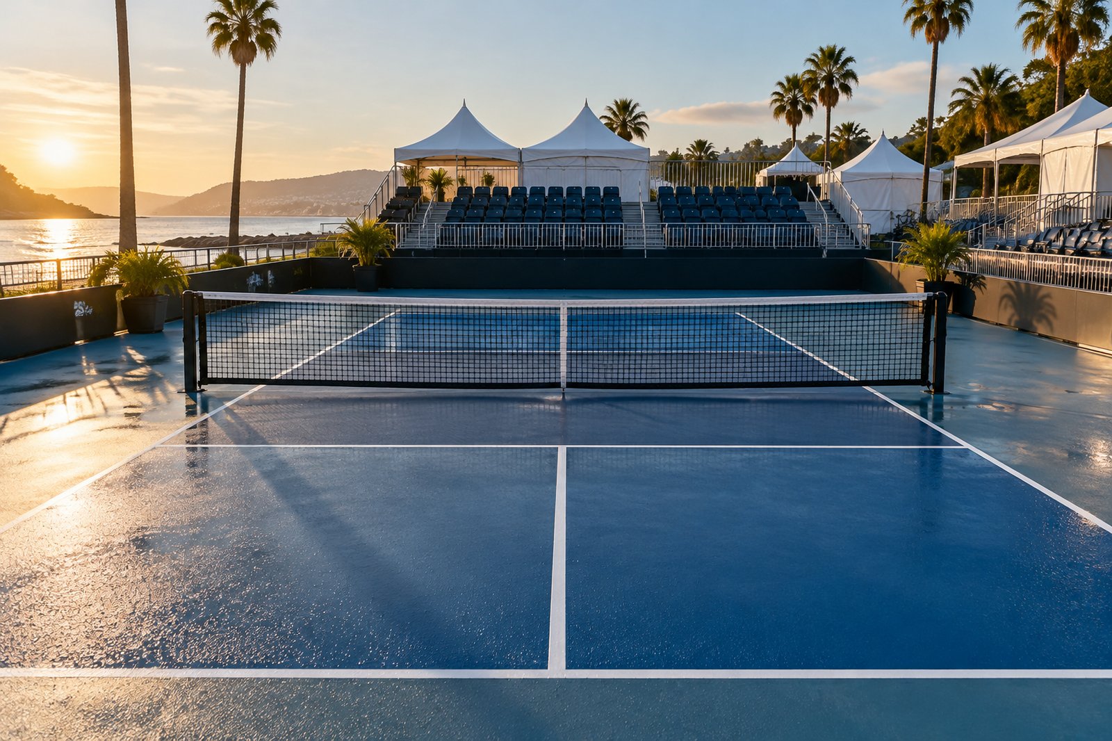 Championship pickleball court at an outdoor venue in warm morning light, net centered and grandstand behind