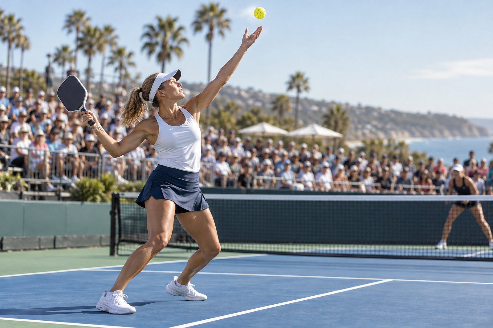 A professional pickleball player serving on an outdoor championship court with the semifinal crowd in the background