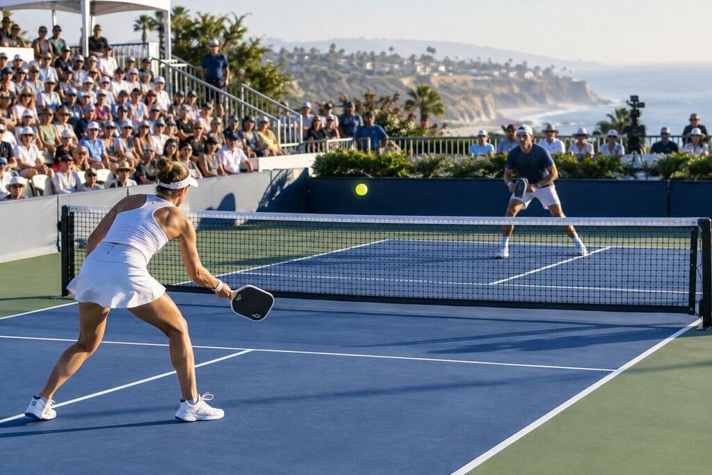 Professional pickleball players competing on a championship court at an outdoor tournament near the beach