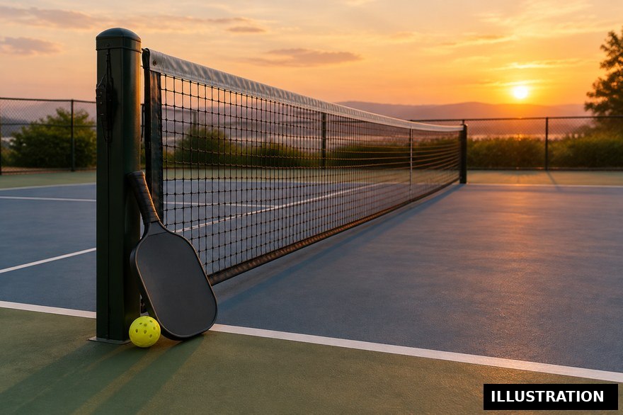 A pickleball player mid-swing during open play